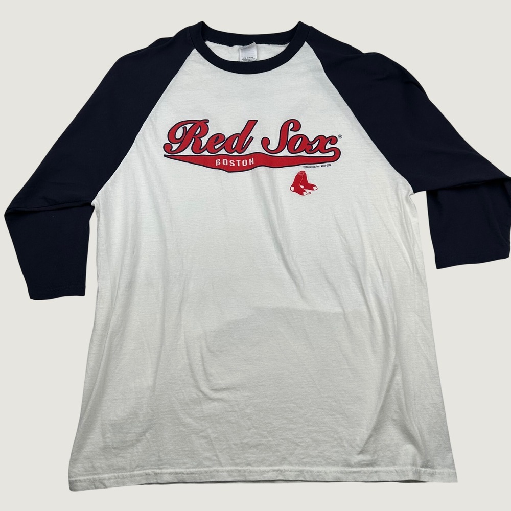 Boston Red Sox Raglan XL Baseball Graphic Logo Ringer T-Shirt White 2006 Anvil